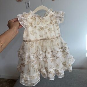 Gold Floral Ruffle Party Dress Baby Girl Birthday Dress